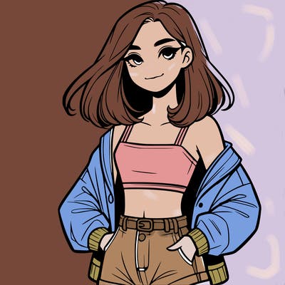 a realistic girl with a crop top and short shorts in an open jacket