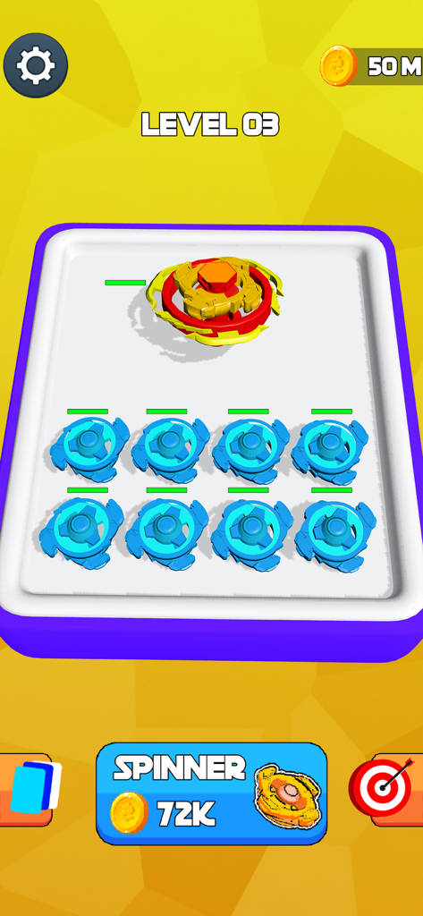 Spinner Merge Battle - A gameplay screenshot of Spinner Merge Battle showing multiple spinners on a merging grid