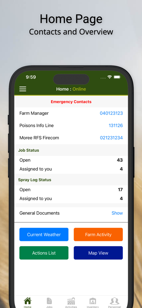 FarmSimple - Home page dashboard of the FarmSimple app showing job and spray log status