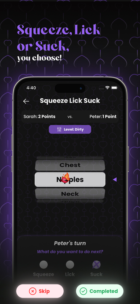 the2: Couple Games for Adults - Pantalla de juego del juego íntimo para parejas Squeeze Lick Suck de la aplicación the2