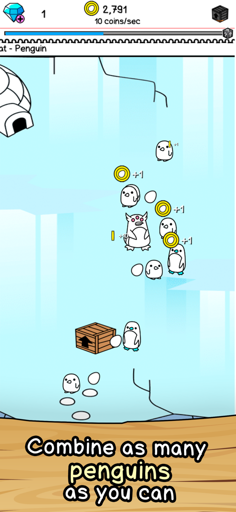 Penguin Merge Evolution - Penguin Merge Evolution gameplay screenshot showing doodle penguins and coins on ice.