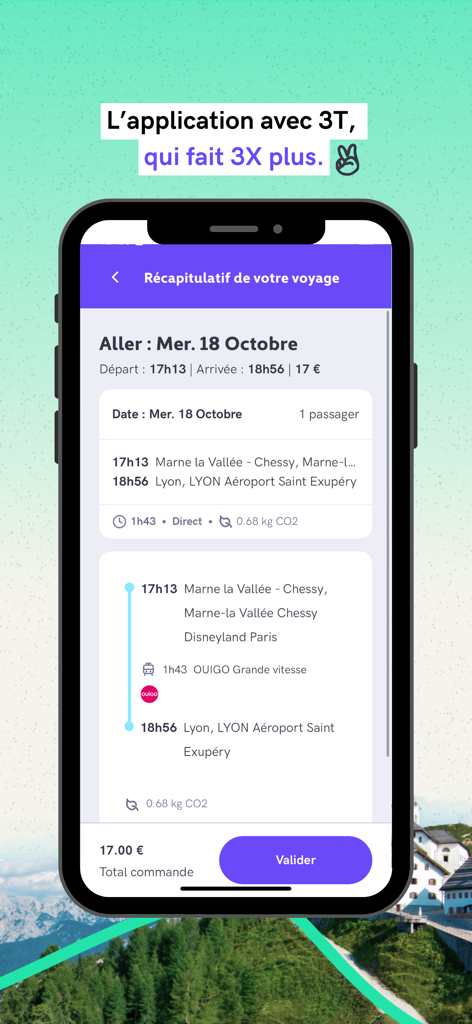 Tictactrip app interface showing a train trip summary from Marne la Vallee to Lyon for 17 euros