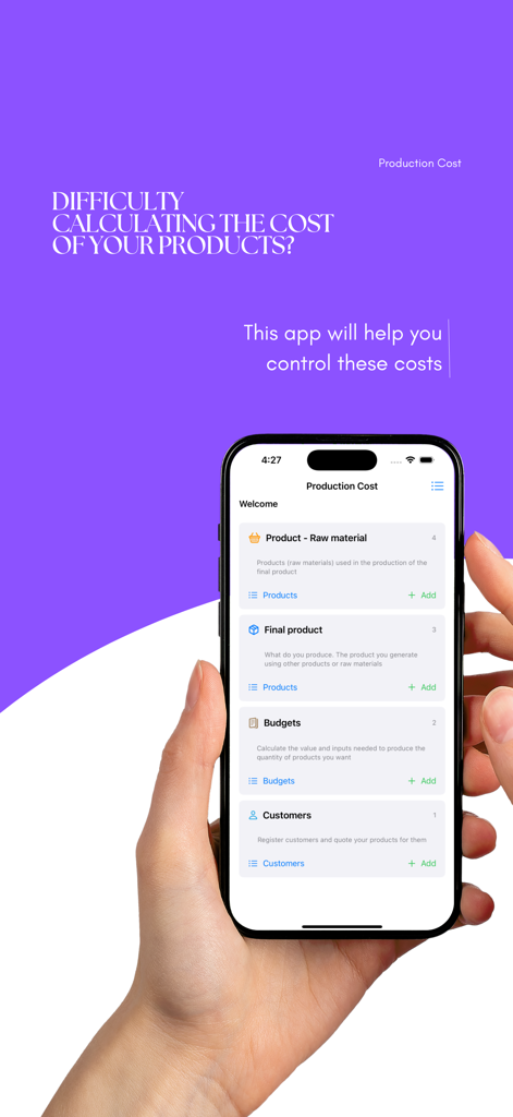 Eine Hand hält ein iPhone mit dem Hauptmenü der Produktionskosten-App mit Kategorien für Rohmaterialien und Endprodukte