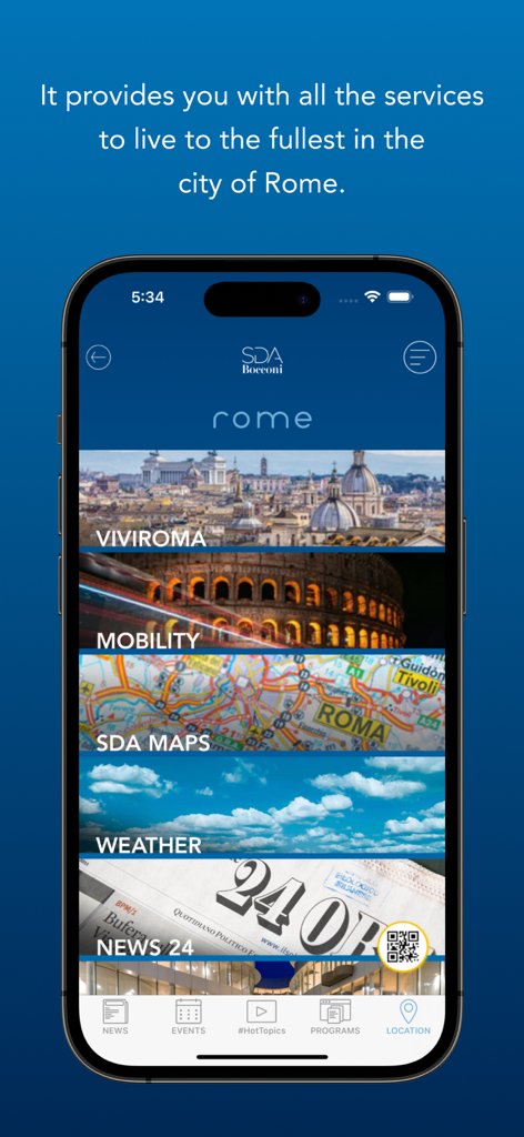 SDA Bocconi app screen showing Rome services like mobility maps and news