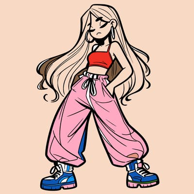 girl in baggy pants crop top and long hair