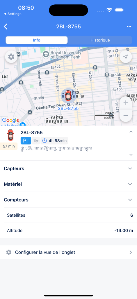 Europe Track - Map view in Europe Track app showing a tracked vehicle location and technical status details