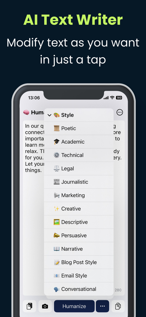 Humanize It - AI Humanizer - Una interfaz móvil de la aplicación Humanize It que muestra un menú desplegable con diferentes estilos de escritura como Técnico Académico y Marketing para la humanización de texto de IA.