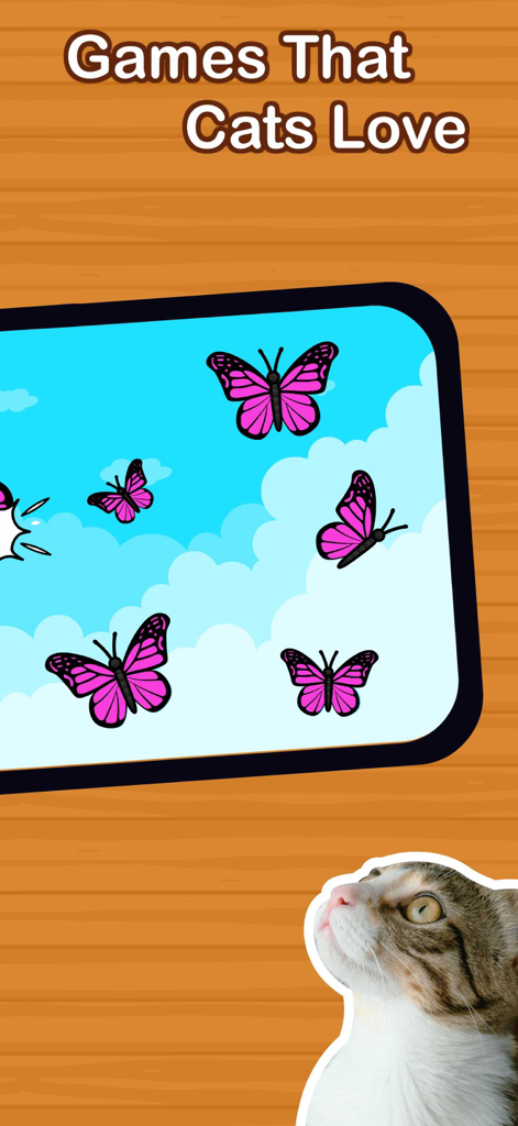 A cat watching pink butterflies fly on a tablet screen.