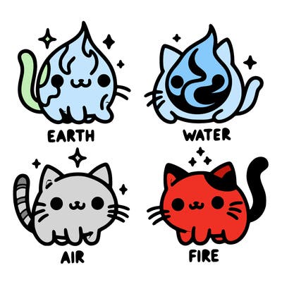 4 cats that represent the different elements, earth, water, air, and fire