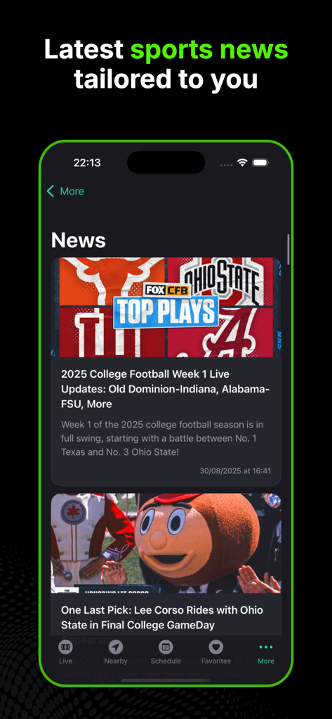 DRM - Live Sports Score & News - Mobile app screen showing the latest sports news feed with college football updates in a dark mode interface