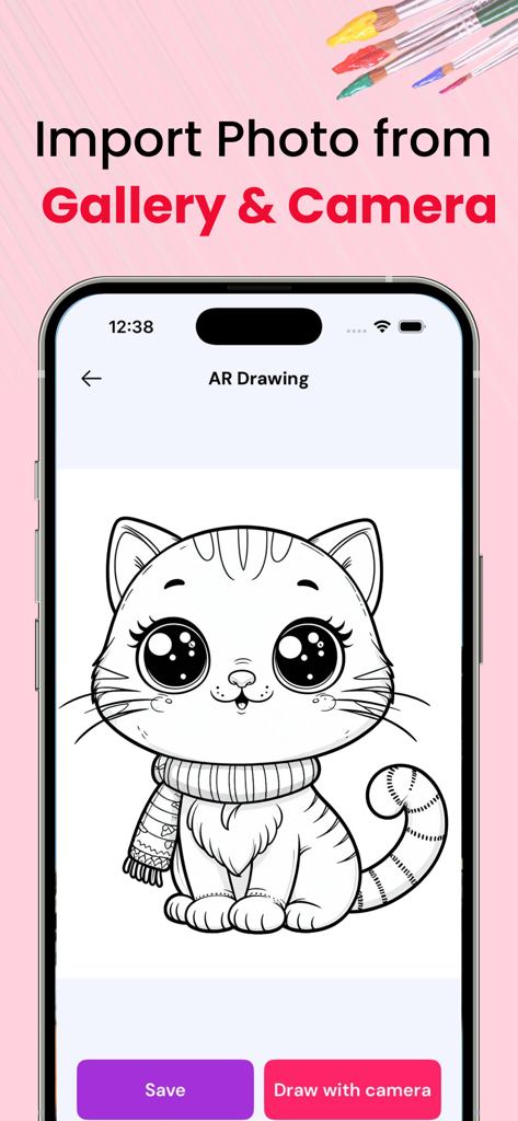 AR Drawing Sketch Paint: Trace - かわいい猫のスケッチと、ギャラリーまたはカメラから写真をインポートするオプションが表示されたAR Drawingアプリのインターフェイス