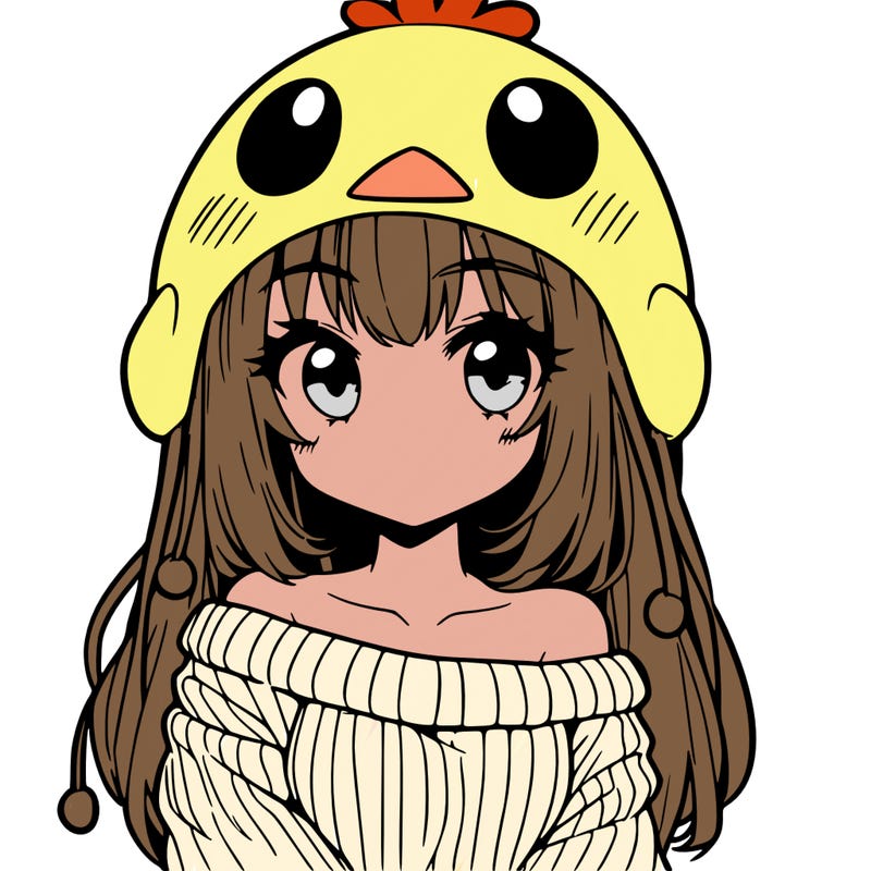 anime girl with chick shaped hat with sweater with bare shoulders with bangs covering them one eye with low tail