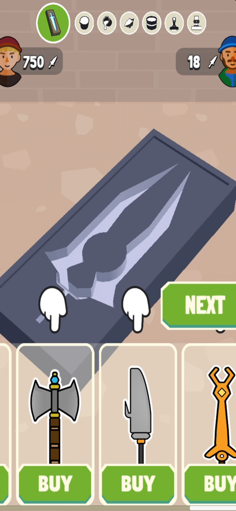 Blade Forge 3D - Tela de jogabilidade do Blade Forge 3D mostrando a seleção de um molde de espada e ícones de loja para comprar novas ferramentas de ferreiro