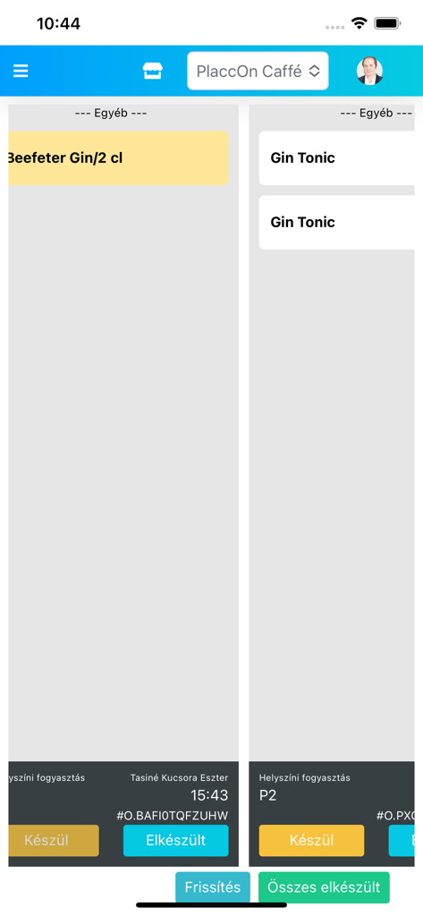 PlaccOn - PlaccOn mobile POS interface showing drink order tracking and status management for cafes and bars