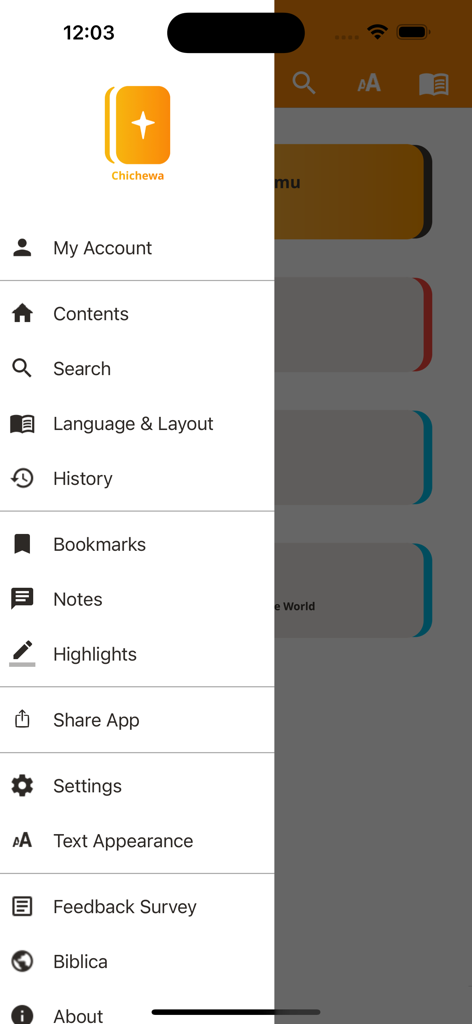 Chichewa Bible - Navigation menu of the Chichewa Bible mobile app showing account and study tools
