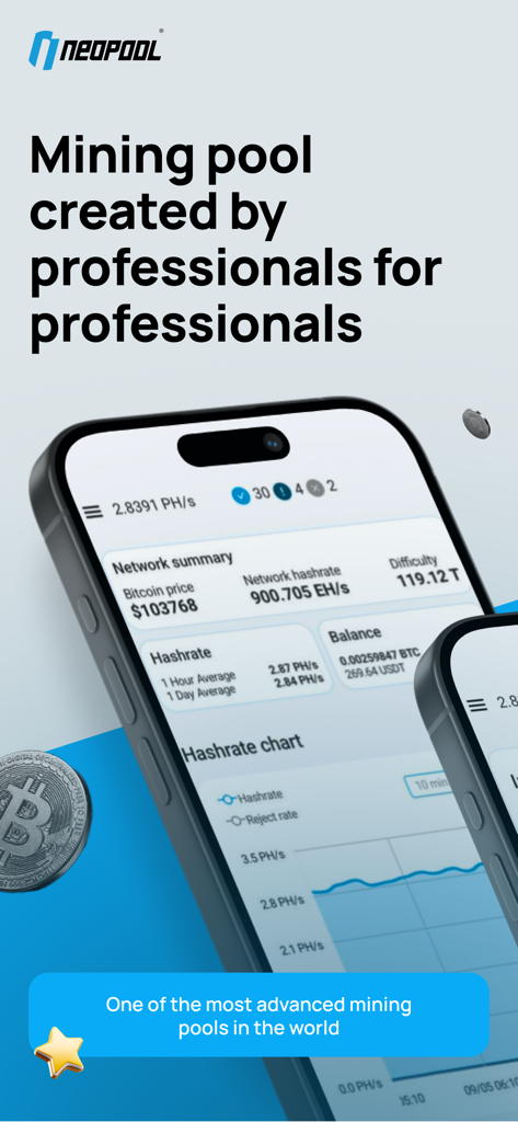 Neopool App - Neopool app interface showing Bitcoin mining hashrate and dashboard data on a smartphone