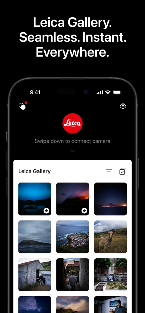 Leica FOTOS app displaying a curated photo gallery on a smartphone