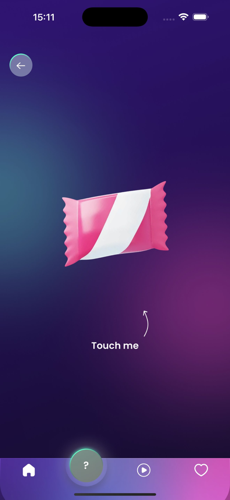 Una confezione di caramelle misteriose rosa su uno schermo viola con l'istruzione Tocca qui.