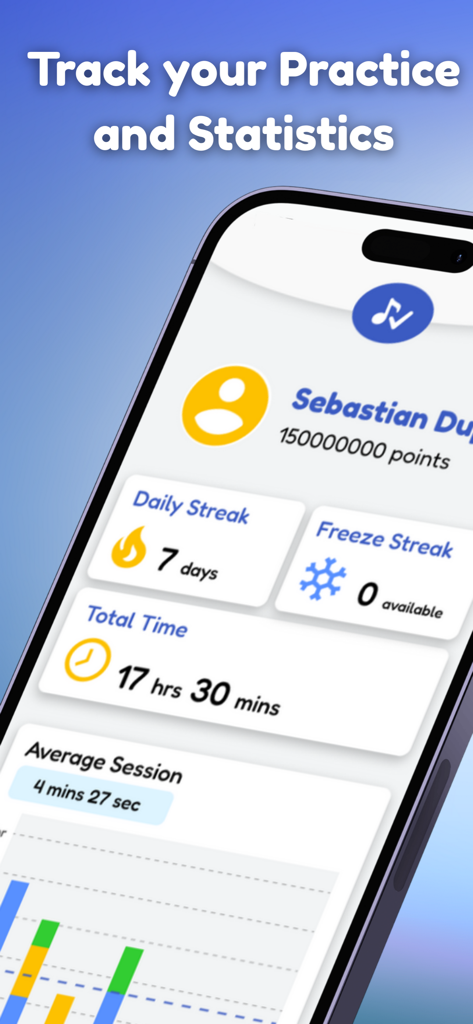 Go Practice Music - Interface do aplicativo Go Practice Music exibindo sequências de prática e estatísticas de tempo total