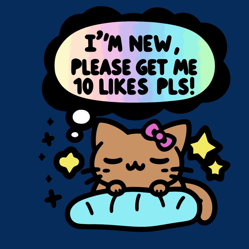 kitty taking a nap dream talking and saying "i'm new, please get me at least 10 likes pls!!"