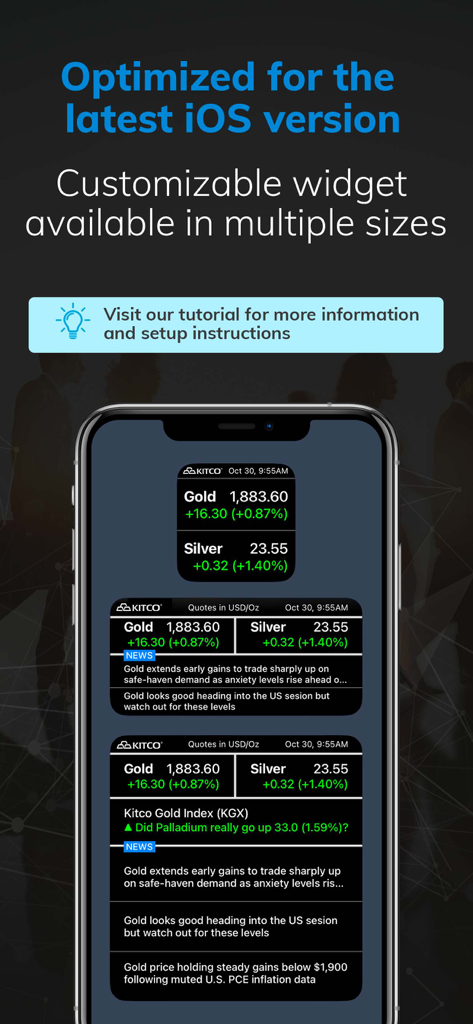 Kitco Gold Live app displaying customizable iOS widgets for precious metal prices in various sizes