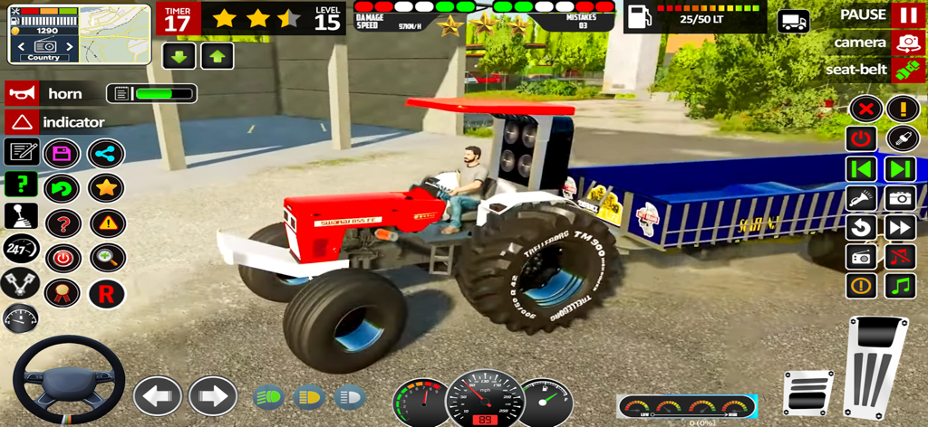 Tractor Games: Tractor Driving - A red tractor pulling a blue trailer in a farming simulation game with visible on-screen controls and dashboard.