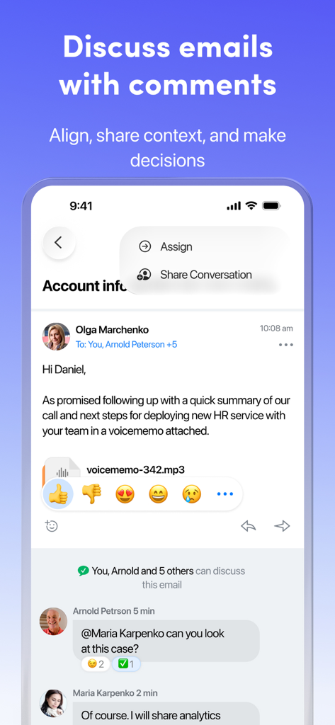 Spark AIメールのモバイルインターフェース、プライベートチームディスカッショントレッドと絵文字リアクションを表示