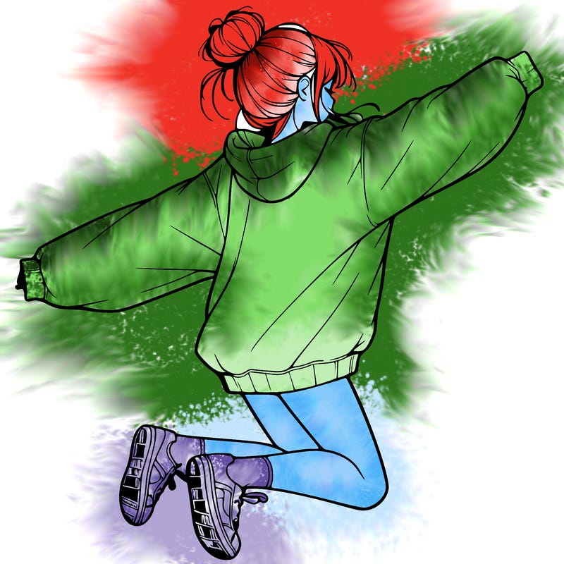 realistic girl jumping with a bun and oversized sweatshirt