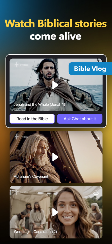 Faithe app interface displaying the Bible Vlog feature with cinematic videos of biblical stories like Jonah and Abraham.