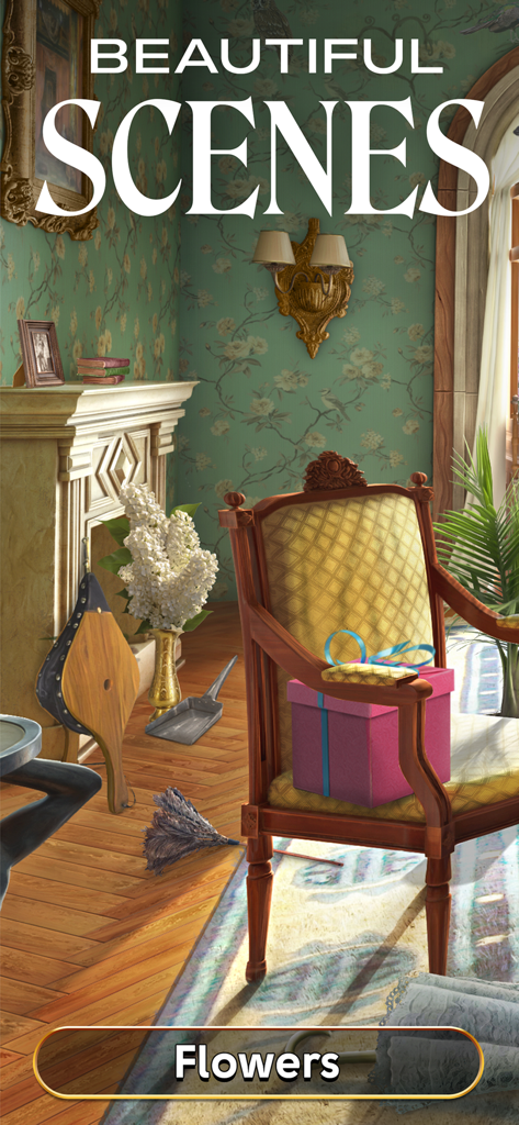 Una detallada escena de objetos ocultos de Junes Journey que muestra una habitación vintage con una chimenea y una caja de regalo rosa.