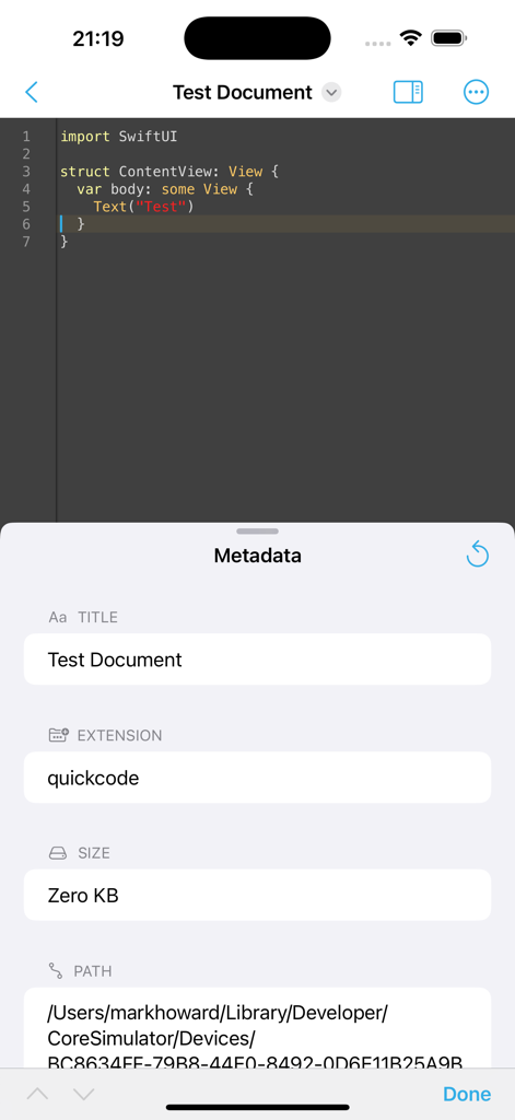 QuickCode: Code Editor - QuickCode app interface showing a Swift code editor and a metadata pane with file details.