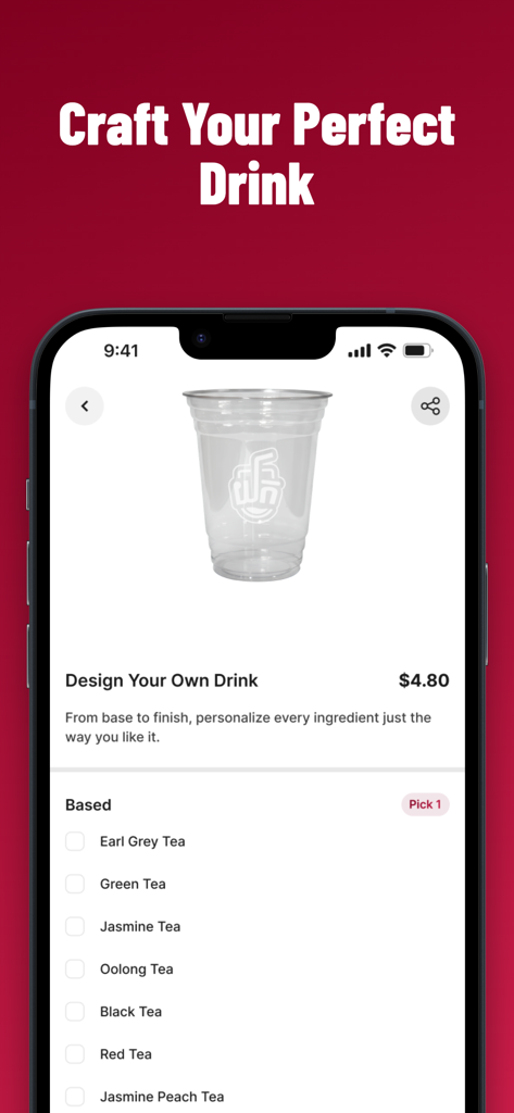 YOK Cafe - YOK Cafe app interface for designing and customizing a tea drink with various tea base options