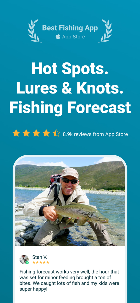 Fishbox - Smart Fishing App - Screenshot of Fishbox app showing a user testimonial and a photo of a man holding a large trout caught using the fishing forecast.
