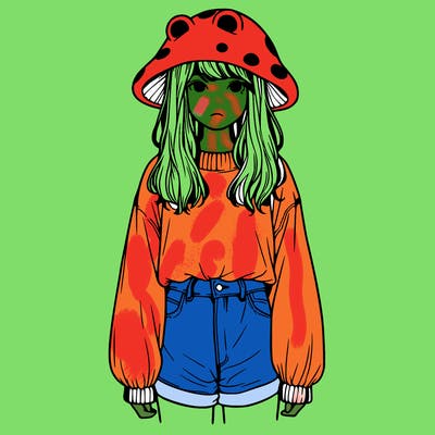 a realistic girl with a frog hat and baggy mushroom shirt