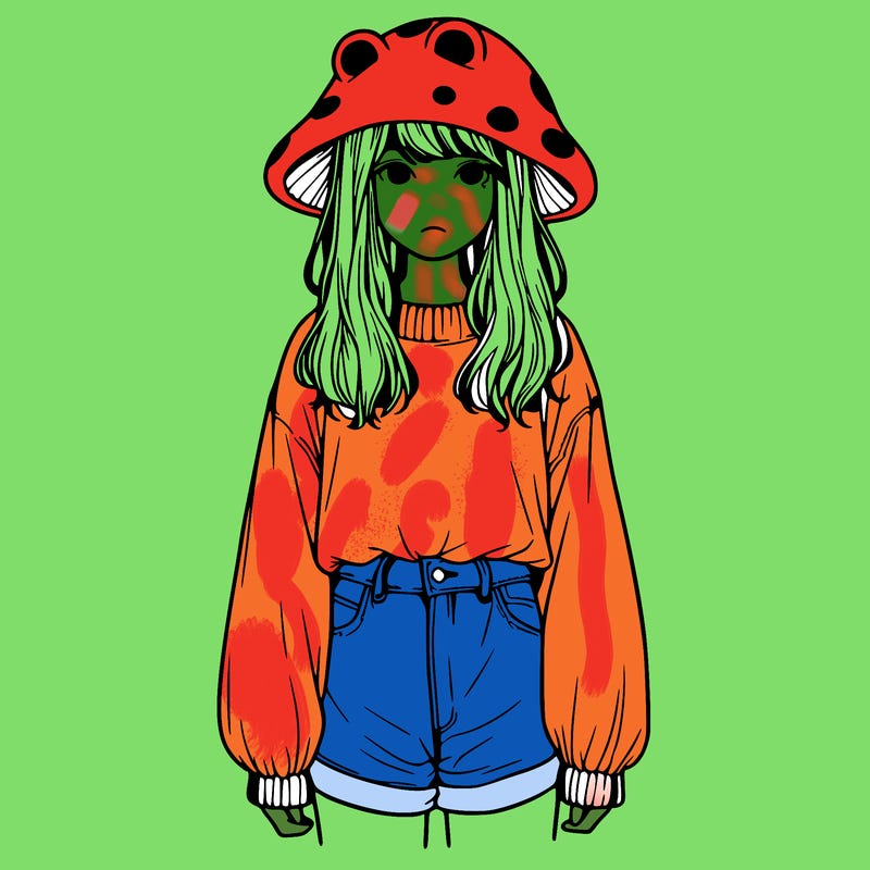 a realistic girl with a frog hat and baggy mushroom shirt
