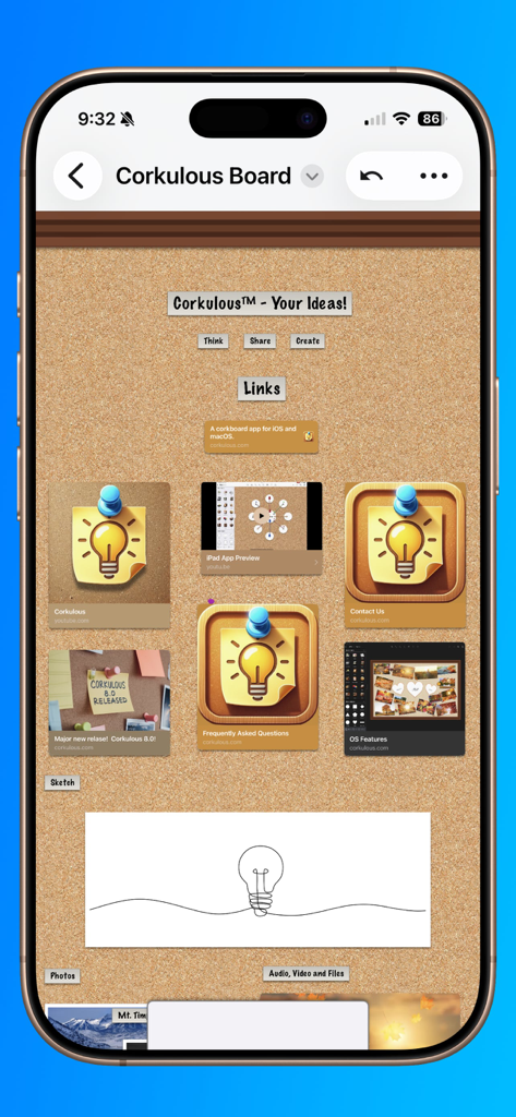 Corkulous - Your Ideas - Digital corkboard interface with pinned notes and sketches