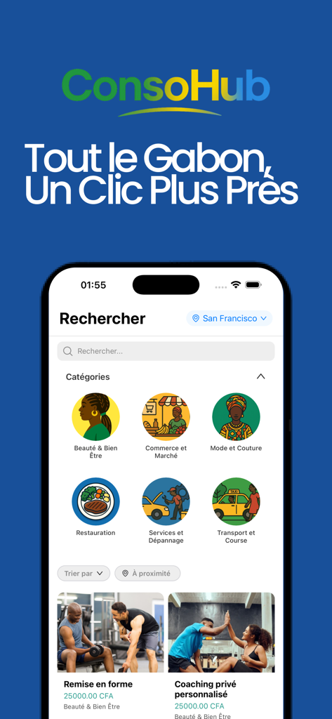 ConsoHub - ConsoHub mobile app search interface showing local service categories like beauty, commerce, and catering