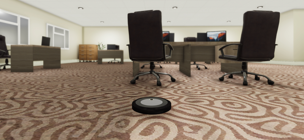 Robot Room Cleaner - A black robot vacuum cleaner navigating a large office space with patterned carpeting and office desks