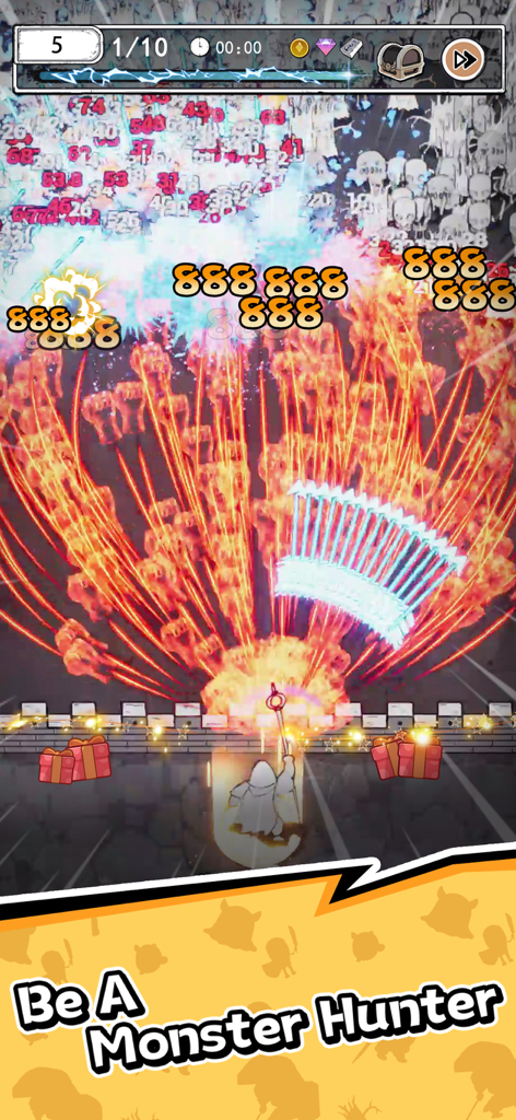 Doodle Magic: Wizard vs Slime - A wizard character casting explosive spells and firing arrows to defeat a massive horde of monsters in Doodle Magic.