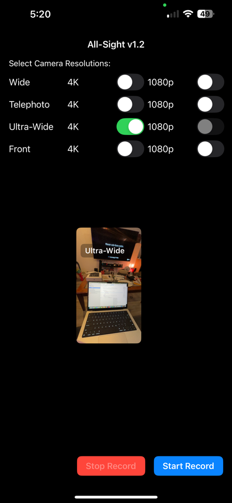 All-Sight - All-Sight app interface for selecting 4K or 1080p video resolutions for wide telephoto and ultra-wide iPhone cameras.