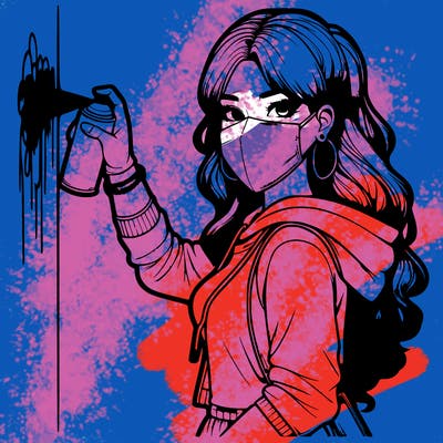 realistic girl with mask spray painting a wall