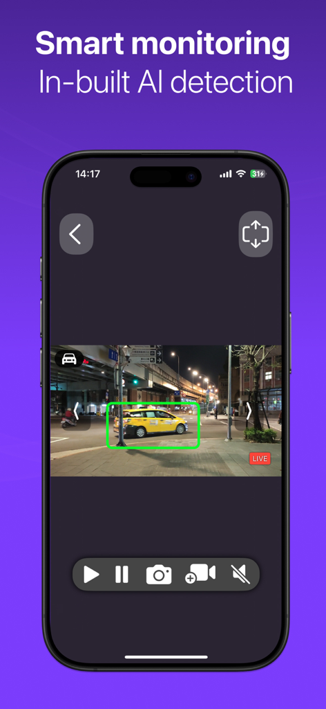 IP Camera Viewer - Cam Hero - Cam Hero app interface showing smart AI vehicle detection on a live security camera feed.