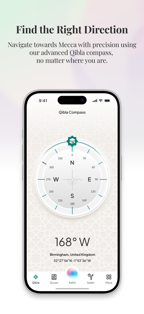 AI Muslim Assistant - Aalim - Aalim AI Muslim Assistant Qibla compass interface showing direction to Mecca