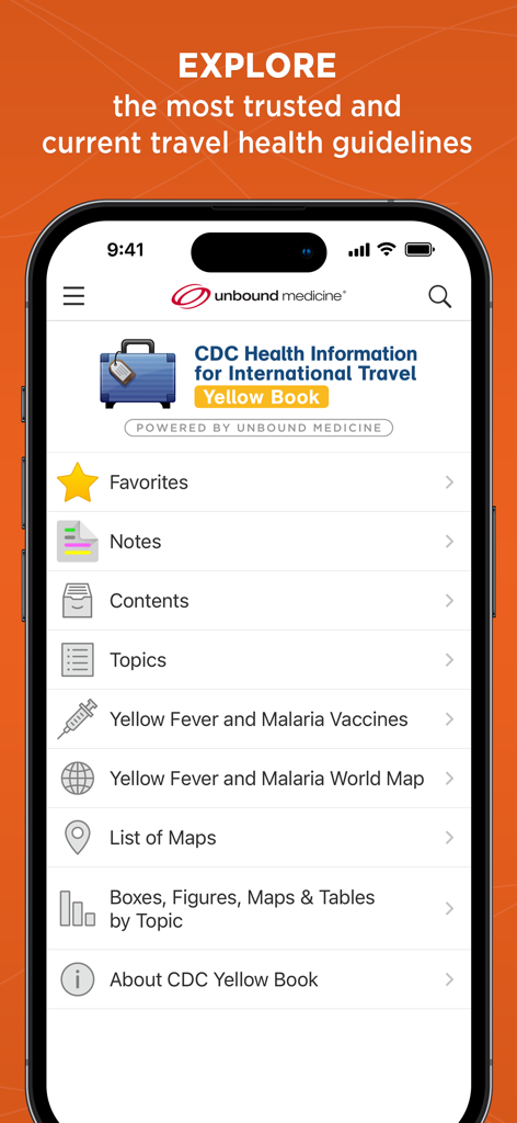 CDC Yellow Book - The home screen of the CDC Yellow Book app displaying travel health guidelines vaccine info and maps