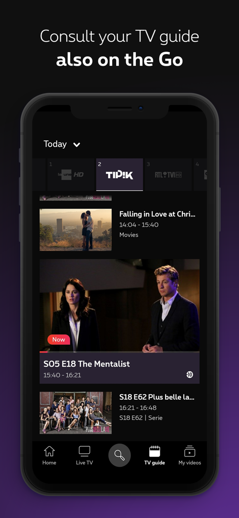 Mobiler Bildschirm, der den TV-Guide-Bereich der Proximus Pickx App mit Live-Senderlisten zeigt.