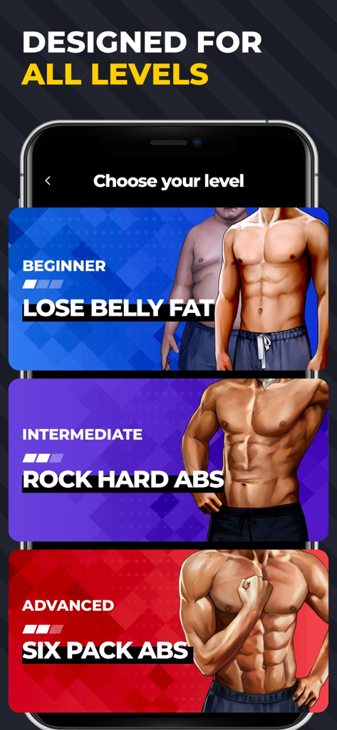 Six Pack in 30 Days - 6 Pack - Selection screen for beginner intermediate and advanced abdominal workout plans