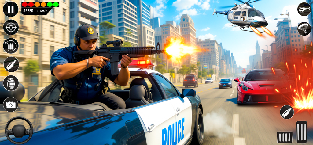 Police Car Games - Police Game - Police officer shooting from a patrol car during a high speed chase in a city.