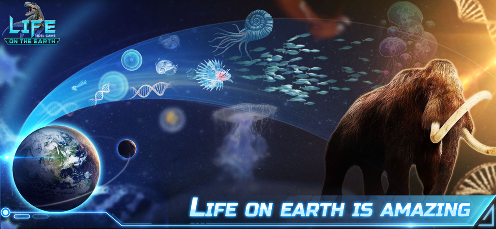 A visual representation of the evolution of life on Earth from microorganisms and marine creatures to a woolly mammoth.