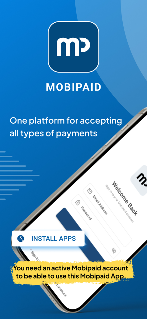 Mobipaid - Mobipaid business app welcome screen showing the login interface for mobile payment validation and management