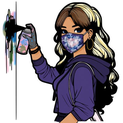 realistic girl with mask spray painting a wall